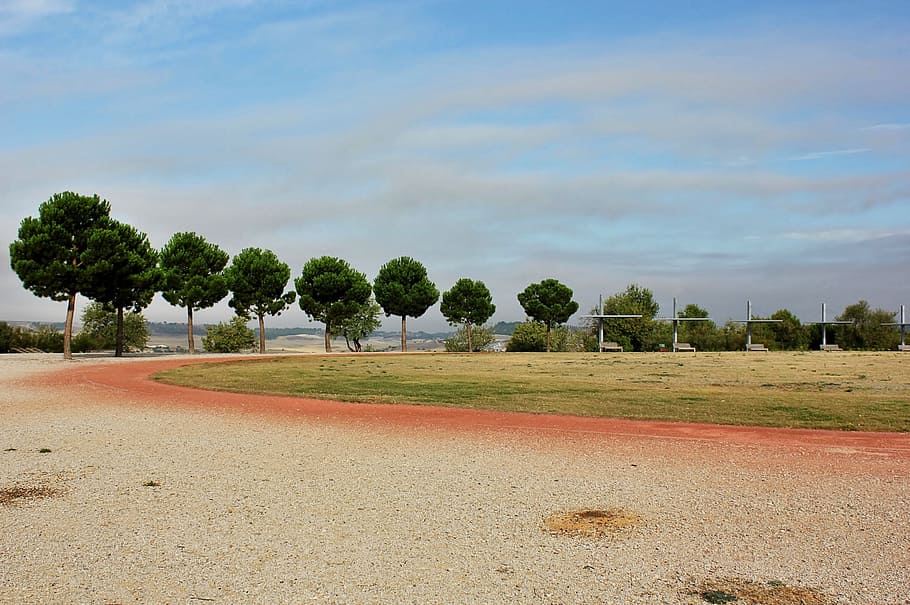 running track, park, trees, plant, sky, cloud - sky, day, nature HD wallpaper