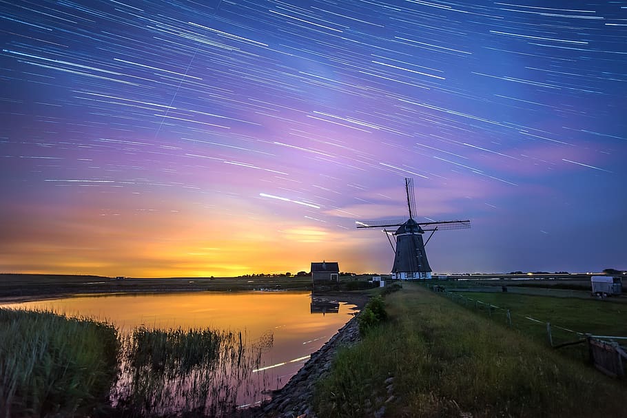 windmill, night, long exposure, netherlands, holland, idyllic HD wallpaper