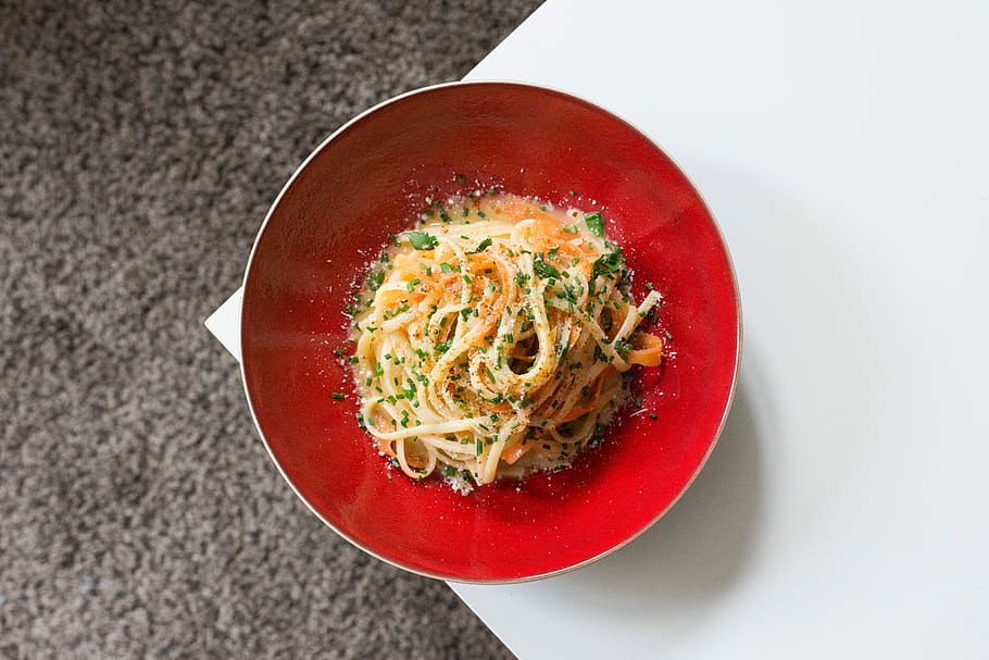 Pasta bowl, dinner, dish, italian, lunch, meal, red, restaurant, HD wallpaper
