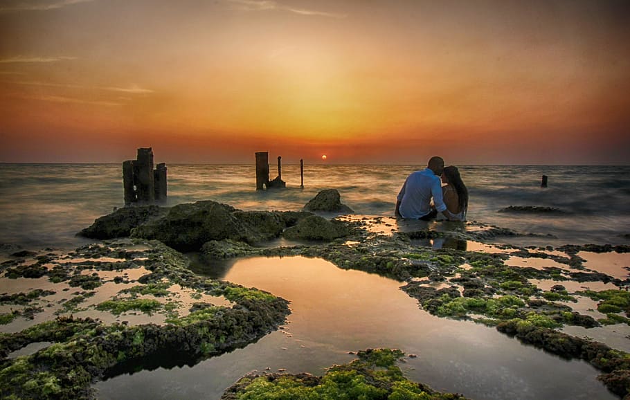 Sunset, Dusk, Clouds, Sea, Ocean, sky, seashore, waves, beach HD wallpaper
