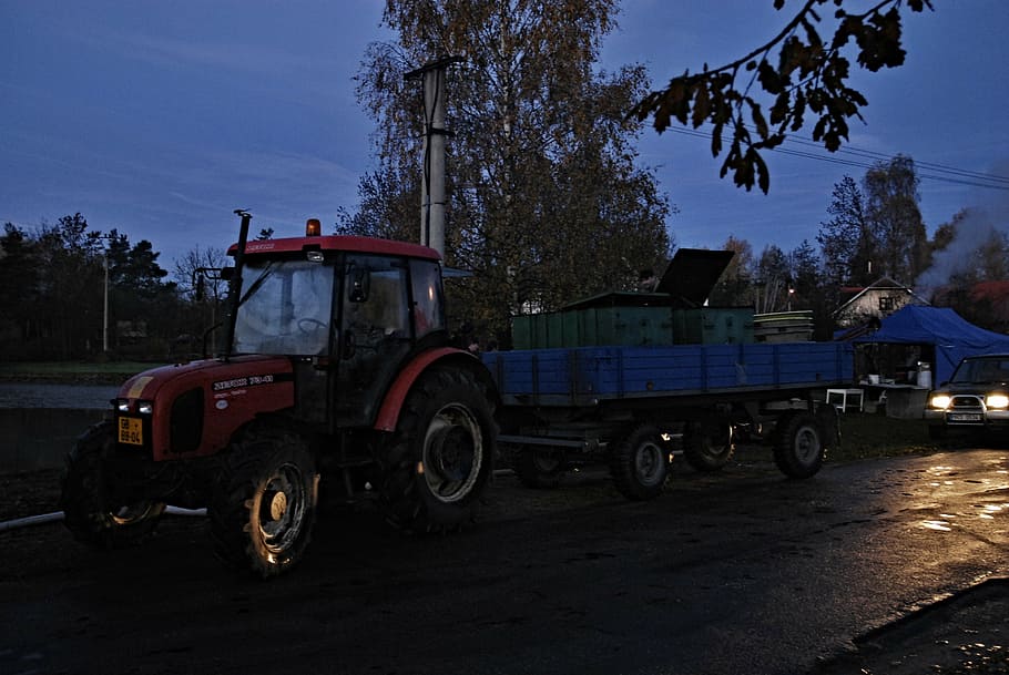 morning, dawn, harvesting, tractor, car, vats, south bohemia, HD wallpaper