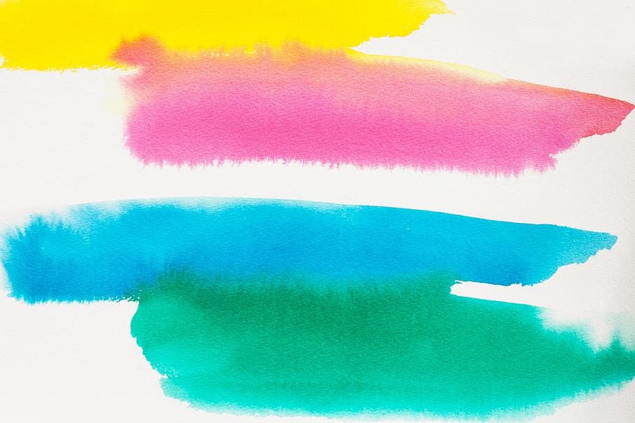 pink, yellow, teal, and green paint swatches, blue, color, watercolour, HD wallpaper