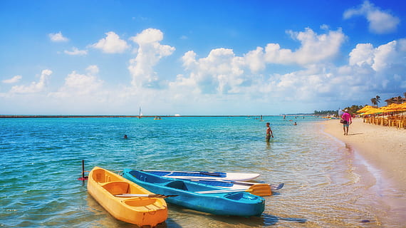 three white, yellow, and blue wooden paddle boats on body of water near seashore at daytime HD wallpaper