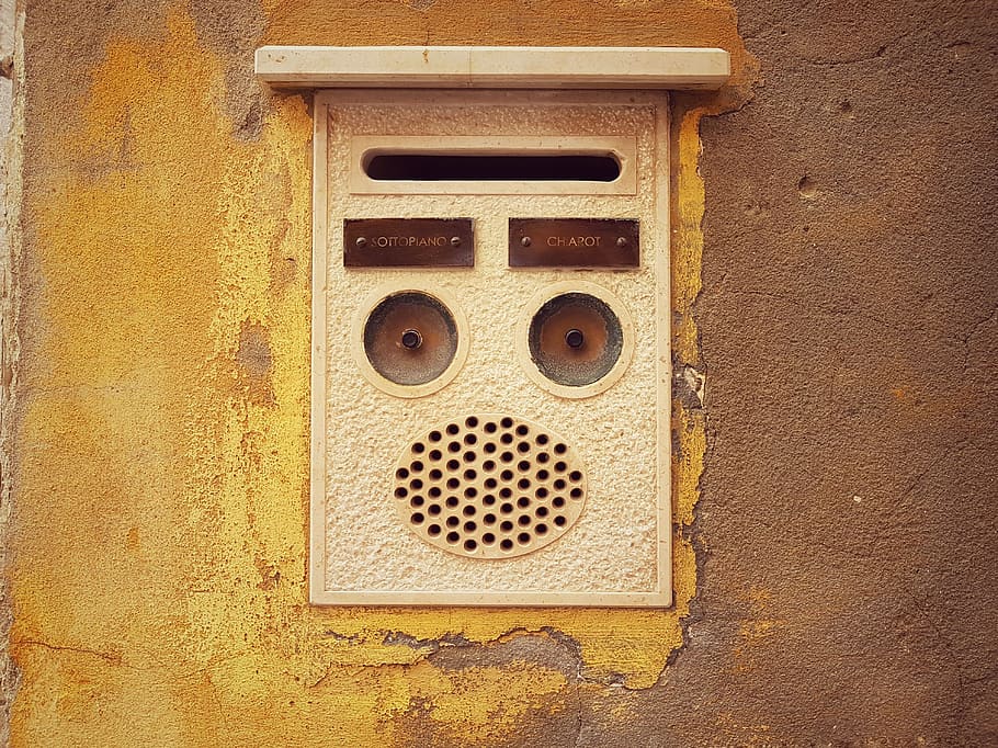 wall, brown, intercom, no people, yellow, metal, close-up, wall - building feature