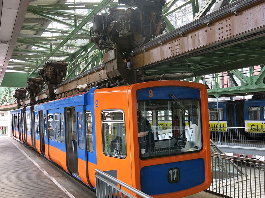 schwebebahn, wuppertal, 17, technology, blue-orange, rail, roll HD wallpaper