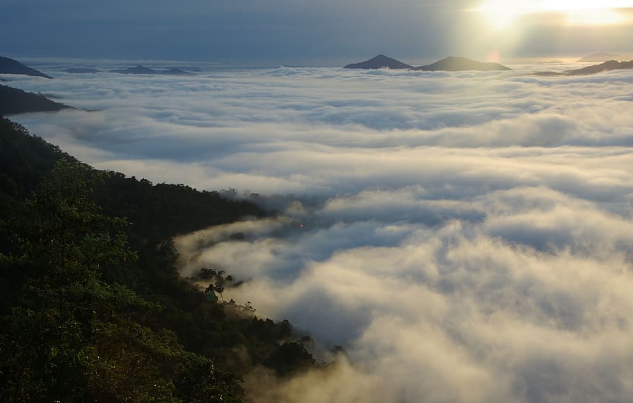 mountain ranges beside cloudy sky, misty, landscape, nature HD wallpaper