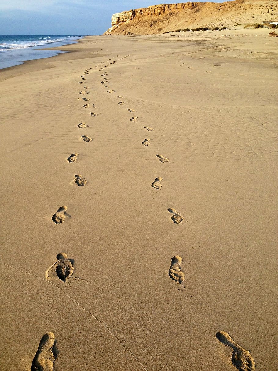 photo of footprints on seashore under clear blue sky during daytime HD wallpaper