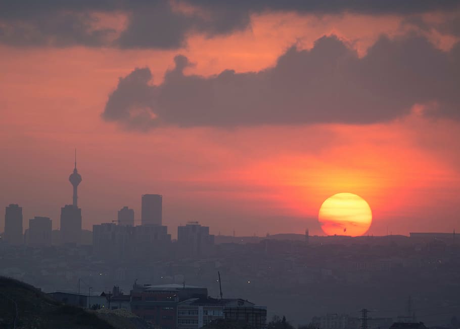 sunset view on mountain, building, architecture, infrastructure HD wallpaper