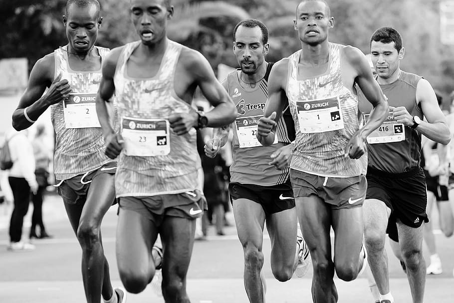 five man running, runner, race, male, málaga, group of people HD wallpaper
