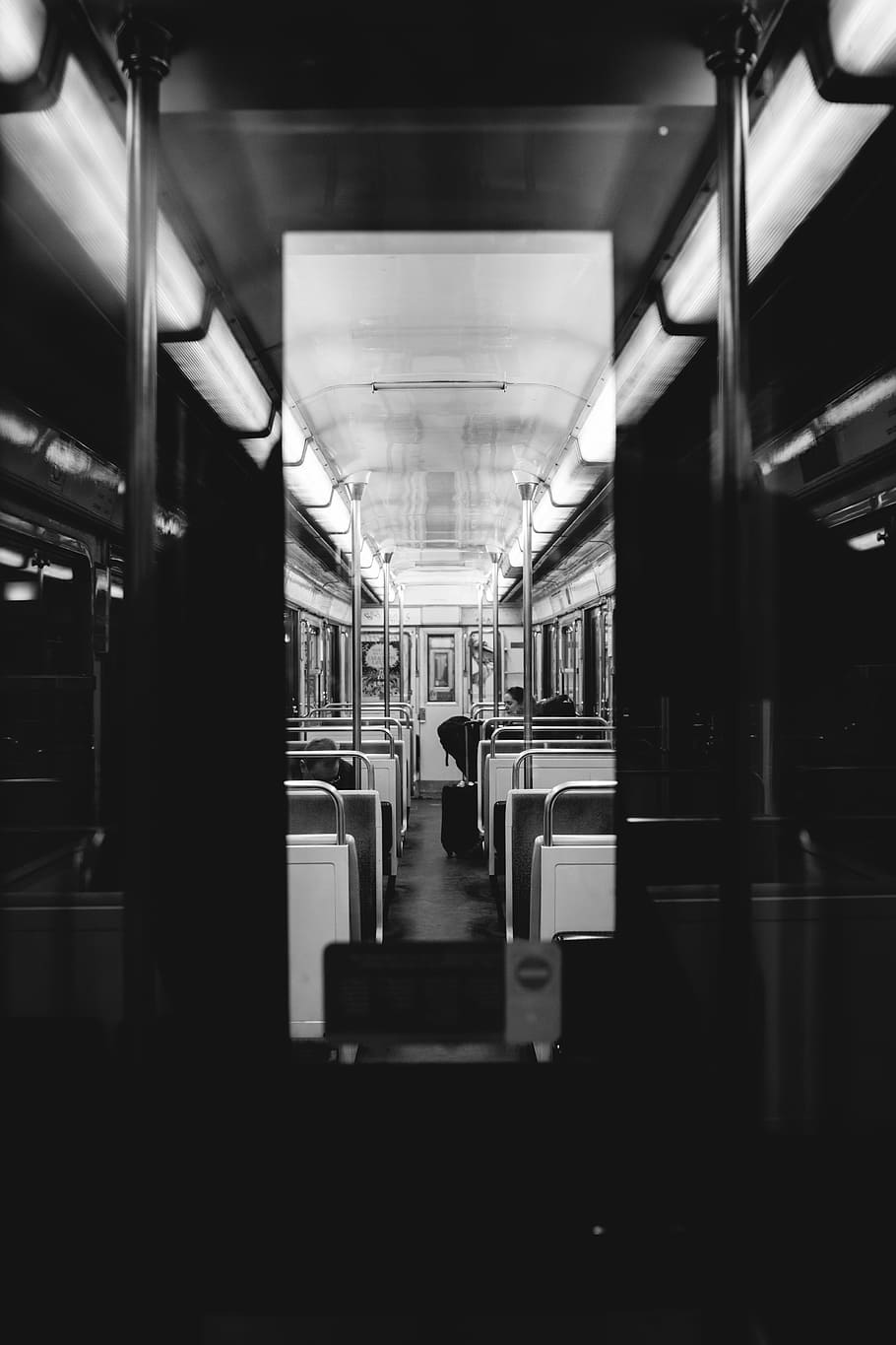 greyscale photo of train interior, grayscale photo of train, underground HD wallpaper