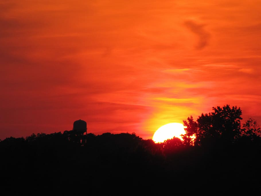 Sunset, Trees, Backlight, sky, nature, water, tower, orange HD wallpaper
