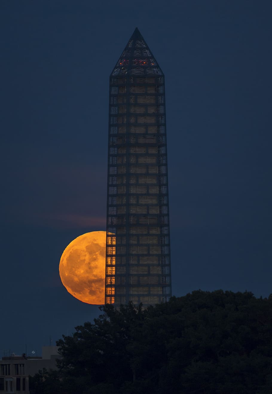supermoon, full, perigee, night, washington monument, glowing HD wallpaper