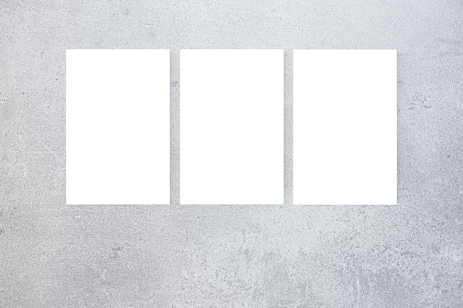 three white printed papers, poster, mockup, decor, desk, interior HD wallpaper
