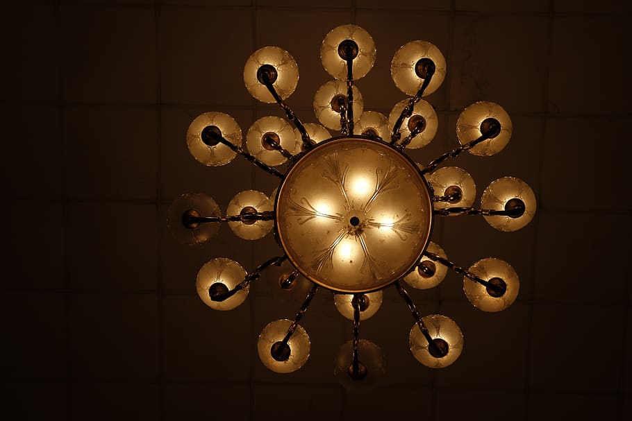lights, chandelier, decor, bulb, hanging, indoors, clock, illuminated HD wallpaper