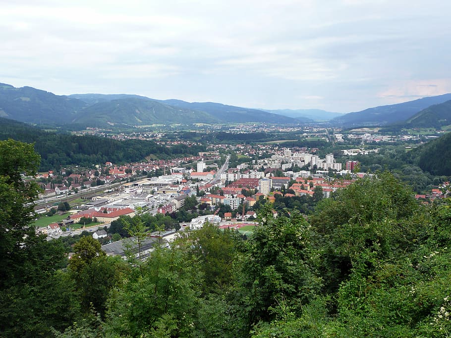 Overview of Kapfenberg in central Austria, cityscape, landscape HD wallpaper