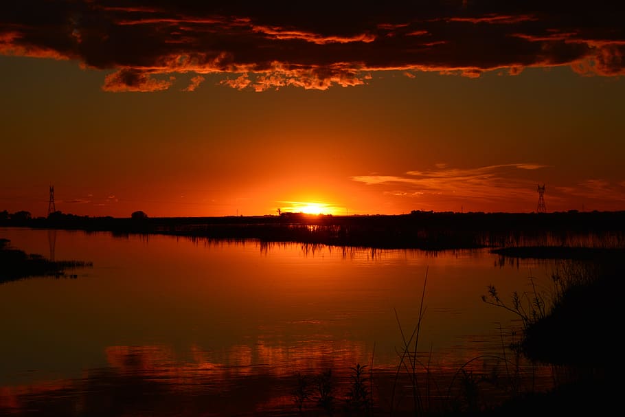 sunset, setting sun, nature, evening sun, reflection, landscape HD wallpaper