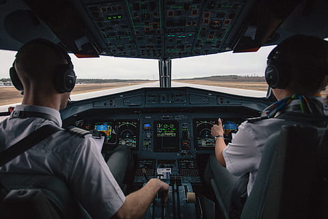 pilots riding airplane, cockpit, people, men, travel, transportation HD wallpaper
