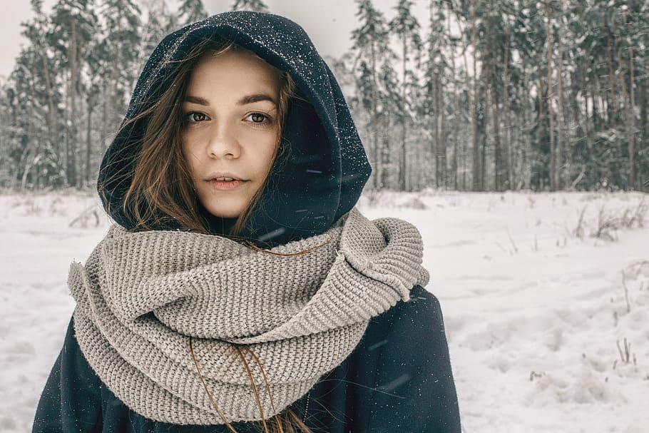 woman wearing scarf, snow, winter, tree, coldly, wood, season HD wallpaper