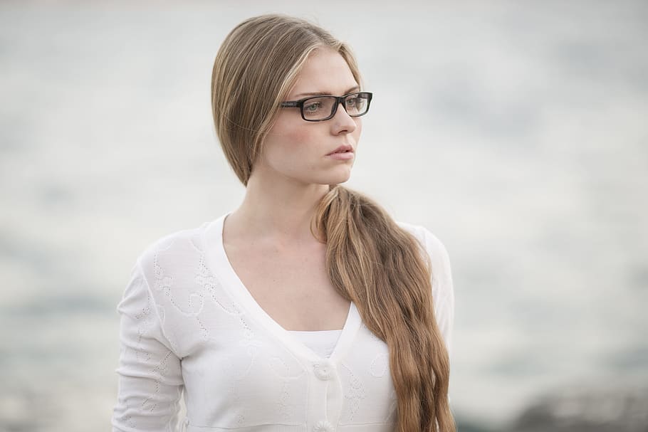 Woman wearing black framed eyeglasses, women's, model, young model
