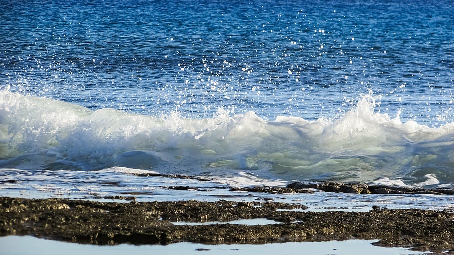 sea, wave, foam, spray, drops, blue, beach, nature, water, no people HD wallpaper