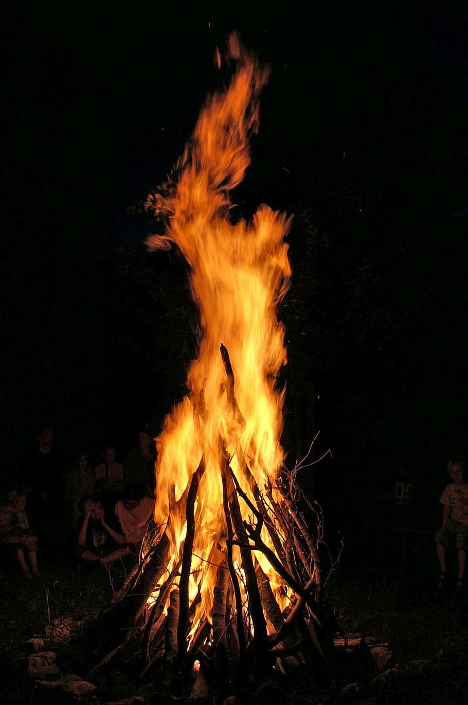 bonfire vector art, night, flame, campfire, heat, yellow, burning HD wallpaper