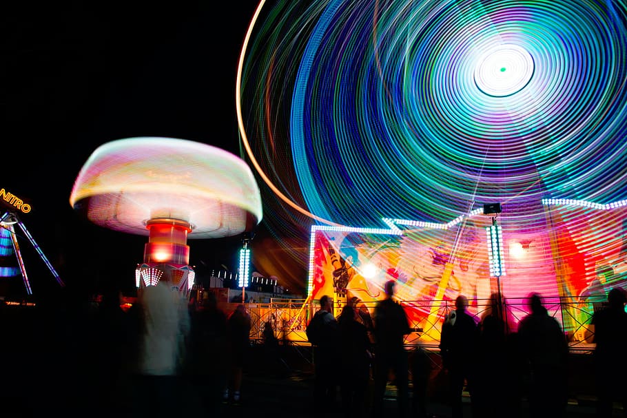 people standing near light, fun, carnival, lights, ferris, wheel HD wallpaper