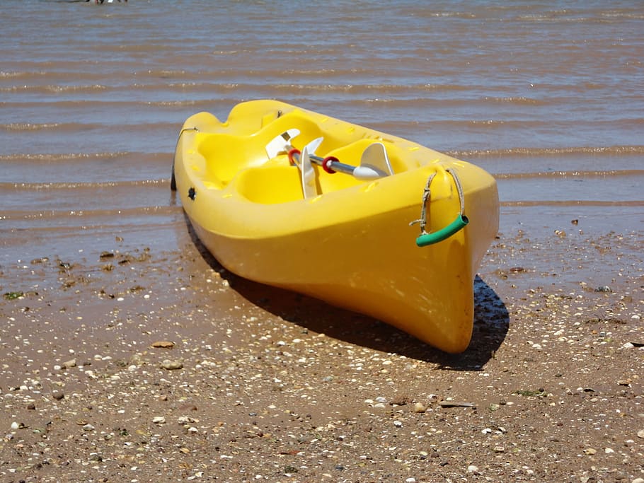 kayak, pond, water, yellow, beach, land, sand, nature, no people HD wallpaper