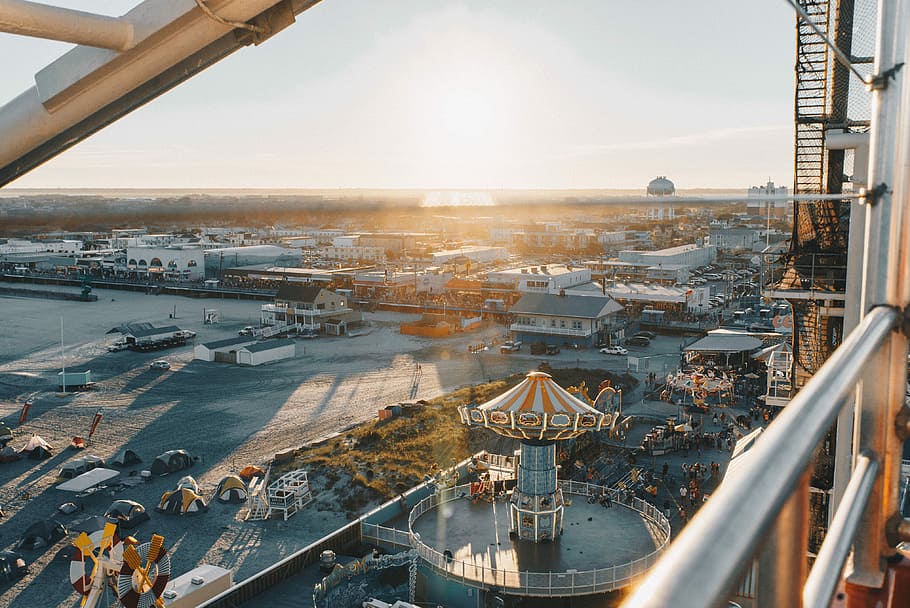 aerial view of amusement park during daytime, aerial photography of amusement park at daytime HD wallpaper