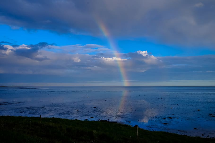 sea, dawn, sky, water, dusk, idyllic, ocean, rainbow, reflection HD wallpaper