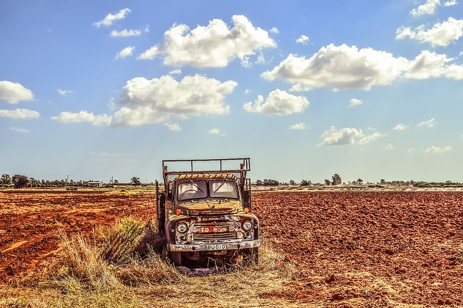 landscape, rural, countryside, fields, truck, sky, clouds, nature HD wallpaper
