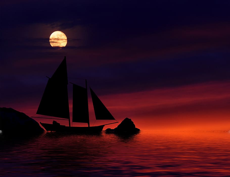silhouette of boat painting, night, sky moon, water, sea, dark
