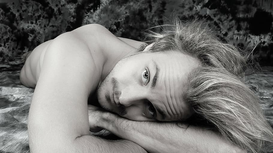 man lying on gray textile, face, portrait, person, male, character HD wallpaper