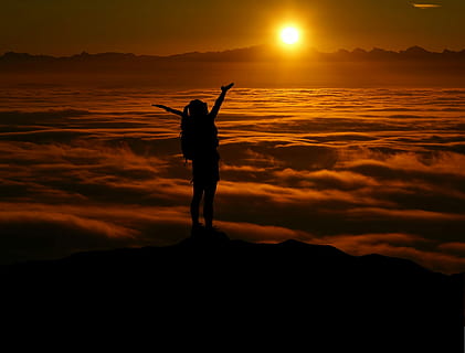 person standing on sea of clouds, raise, challenge, landscape HD wallpaper