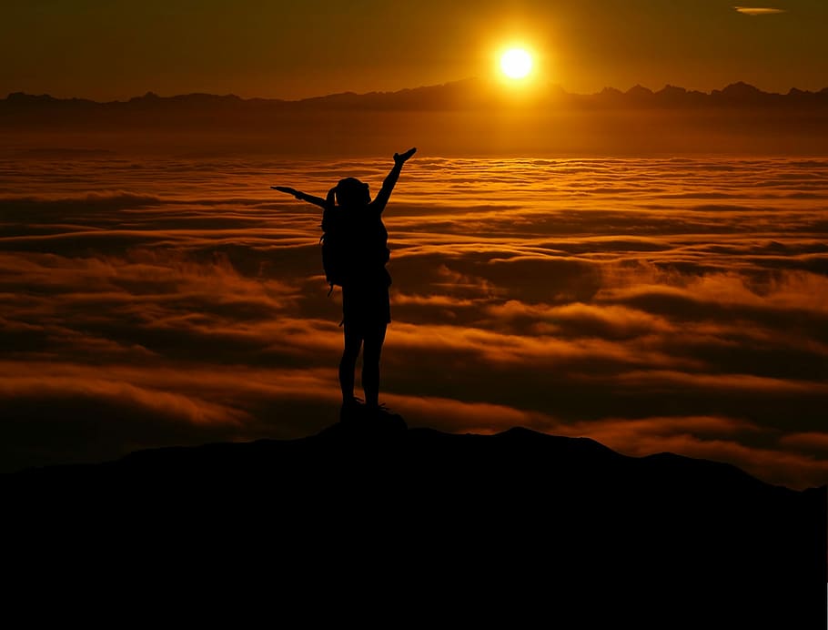 person standing on sea of clouds, raise, challenge, landscape HD wallpaper
