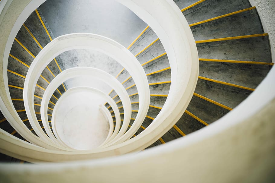 spiral staircase, photo of spiral stairs, stairway, coil, structure HD wallpaper