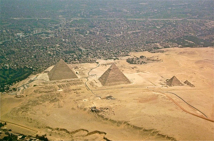 Giza Pyramids and Cityscape in Egypt, photos, public domain, sand