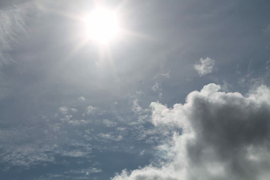 Sun, Clouds, Sky, Blue, Nature, Sunburst, white, light, rays HD wallpaper