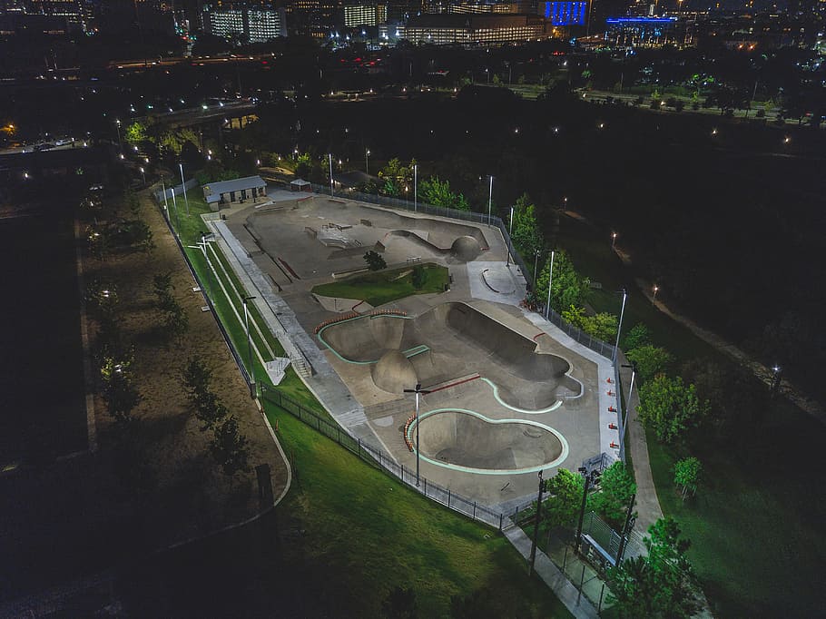 aerial view of skateboard park, aerial photograph of skateboard park, HD wallpaper