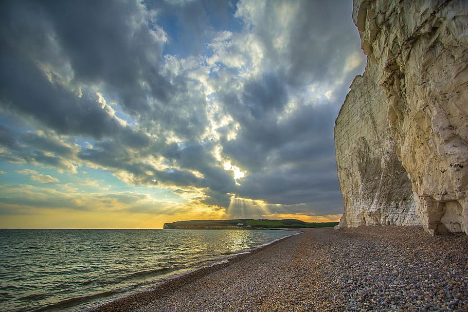 Beige and Grey Rock on the Seashore Photograph, beach, coast HD wallpaper
