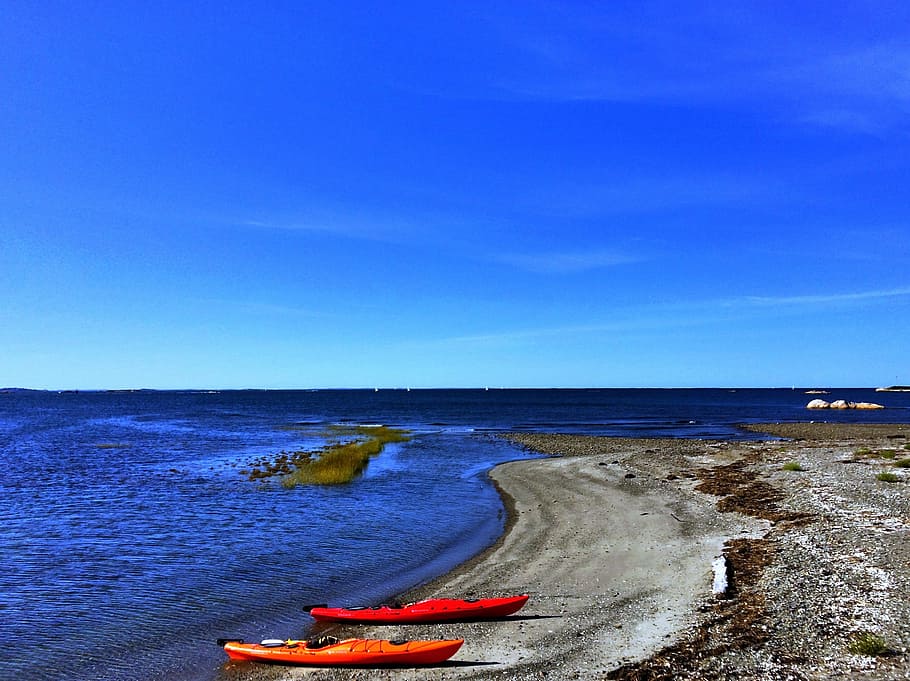 kayaks, beach, cohasset, massachusetts, water, sea, sky, blue