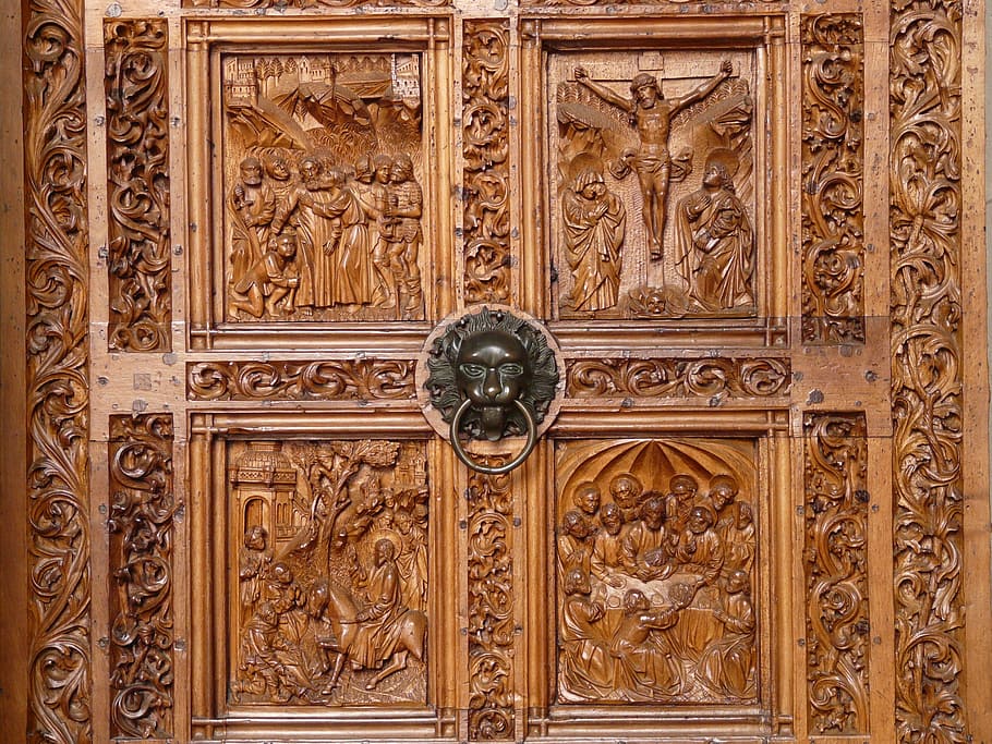 brown wooden door with gray door knocker, wood carving, church door, HD wallpaper