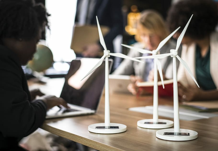 three white wind turbines on brown wooden panel, windmill, computer HD wallpaper