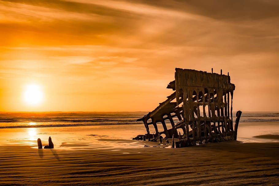 abandoned, beach, building, dawn, dusk, horizon, ocean, reflection HD wallpaper