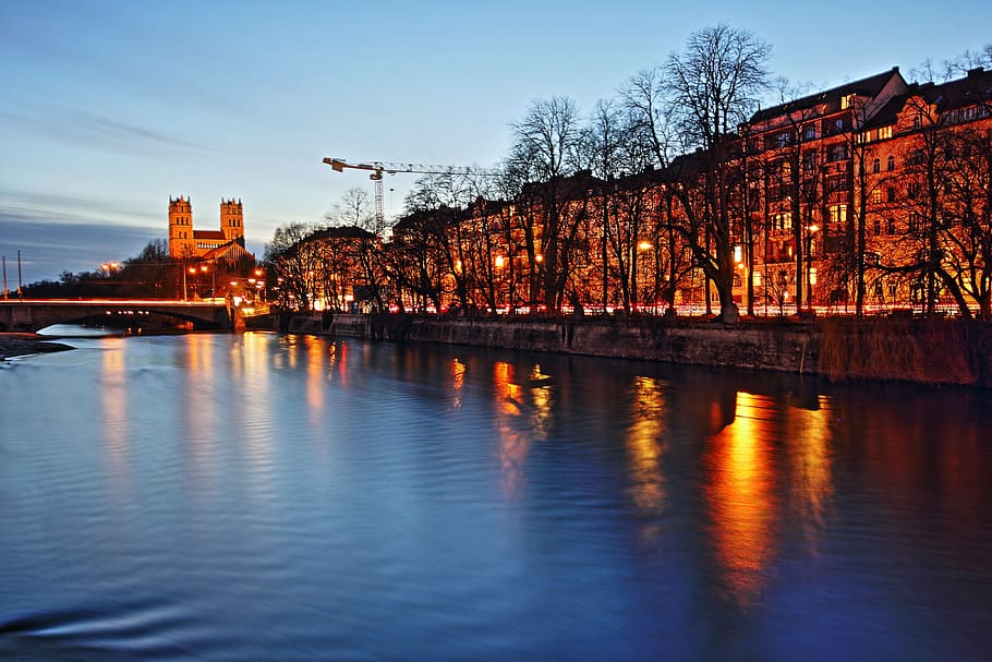 body of water, munich, isar, night, river, bavaria, germany, old town, HD wallpaper