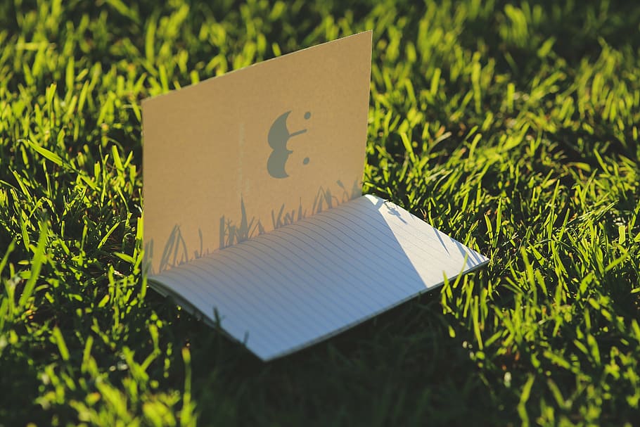notebook, paper, cards, grass, page, text, communication, green color HD wallpaper