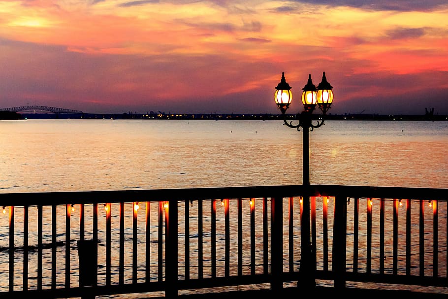 black street bollard turned-on, bay, light post, landscape HD wallpaper