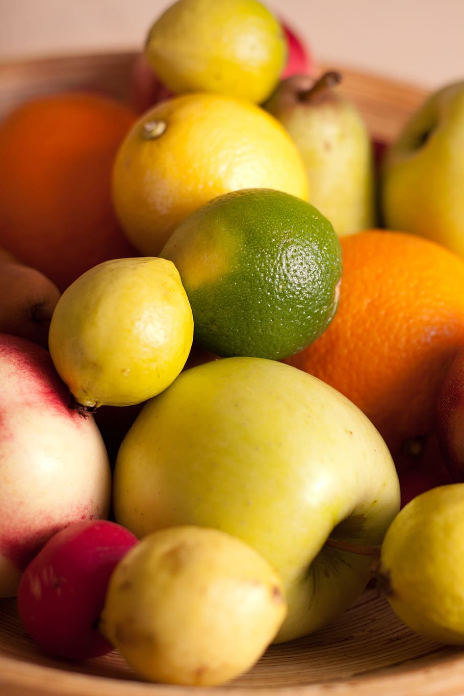 fruits, basket, pear, lemon, apple, radish, green, red, orange HD wallpaper