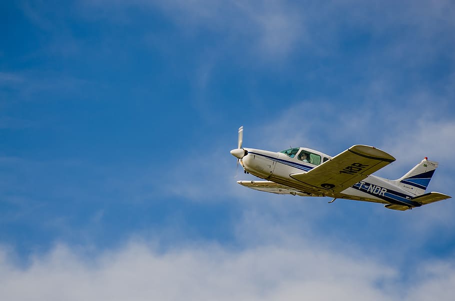 white and blue monoplane, take-off, sky, air vehicle, airplane HD wallpaper