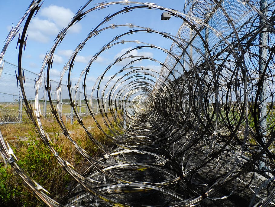 spiral barb wire, prison fence, razor ribbon, metal, barbed, spikes, HD wallpaper