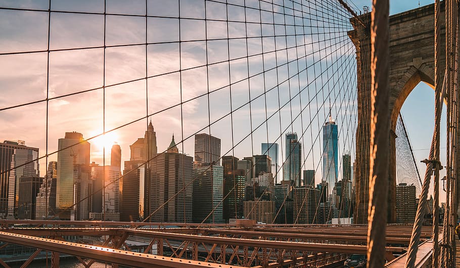 Brooklyn Bridge during golden hour, Brooklyn Bridge, New York city during day, HD wallpaper